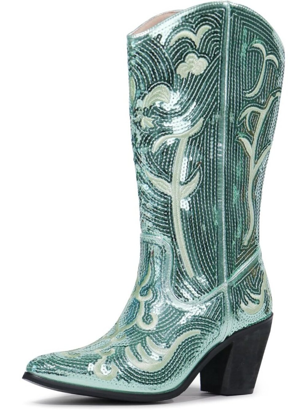 Women's Green Sequin Synthetic Mid-Calf Zipper Pointed Toe Tall Cowgirl Boots